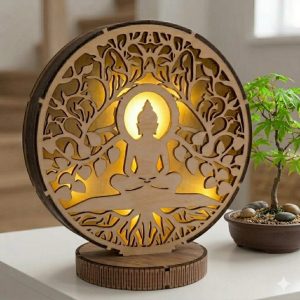 Lampe zen en bois gravé avec motif bouddha, luminaire artisanal en bois - les créations d'nat